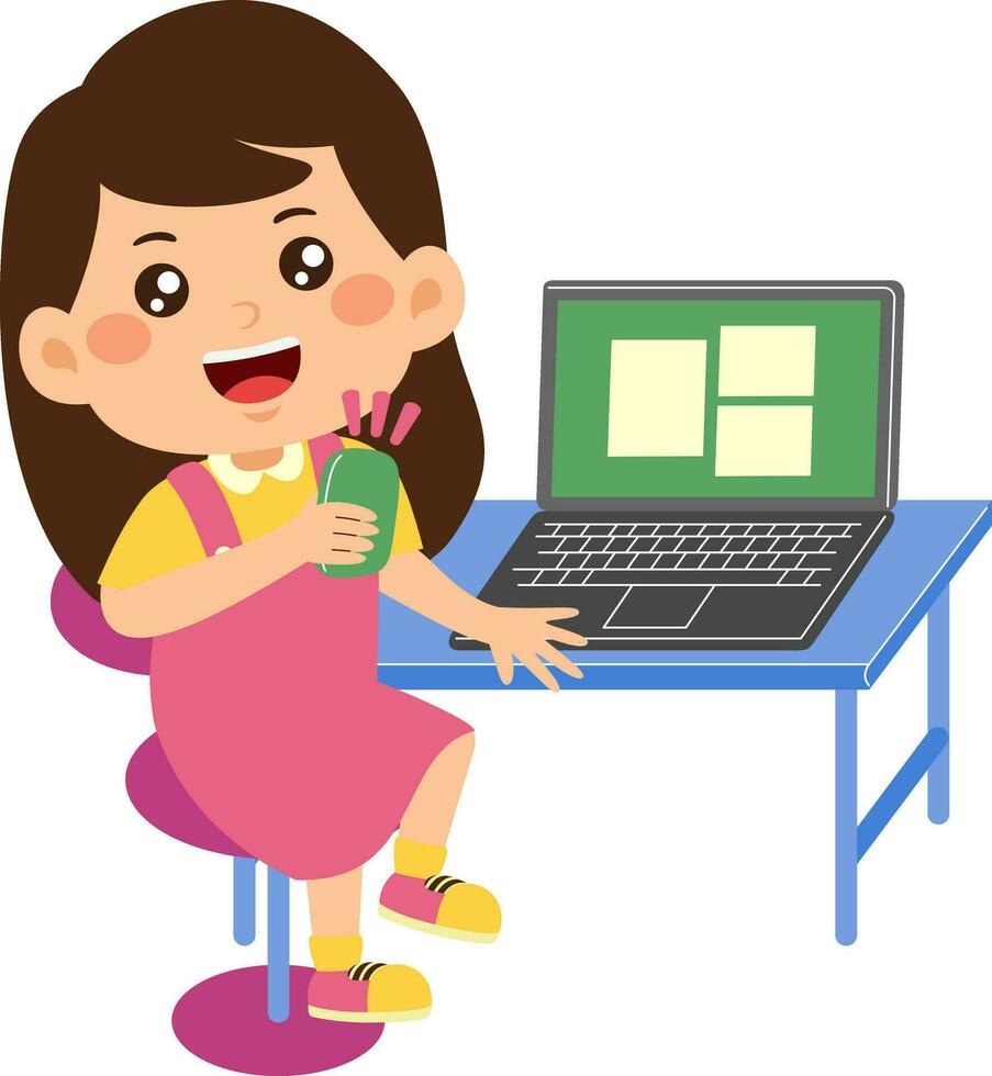 cute little kid girl use laptop vector