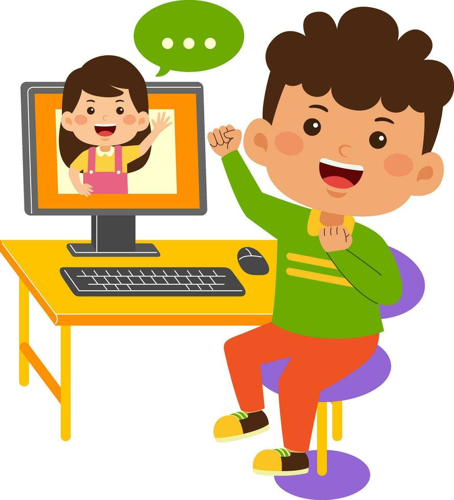 cute little kid boy use computer vector