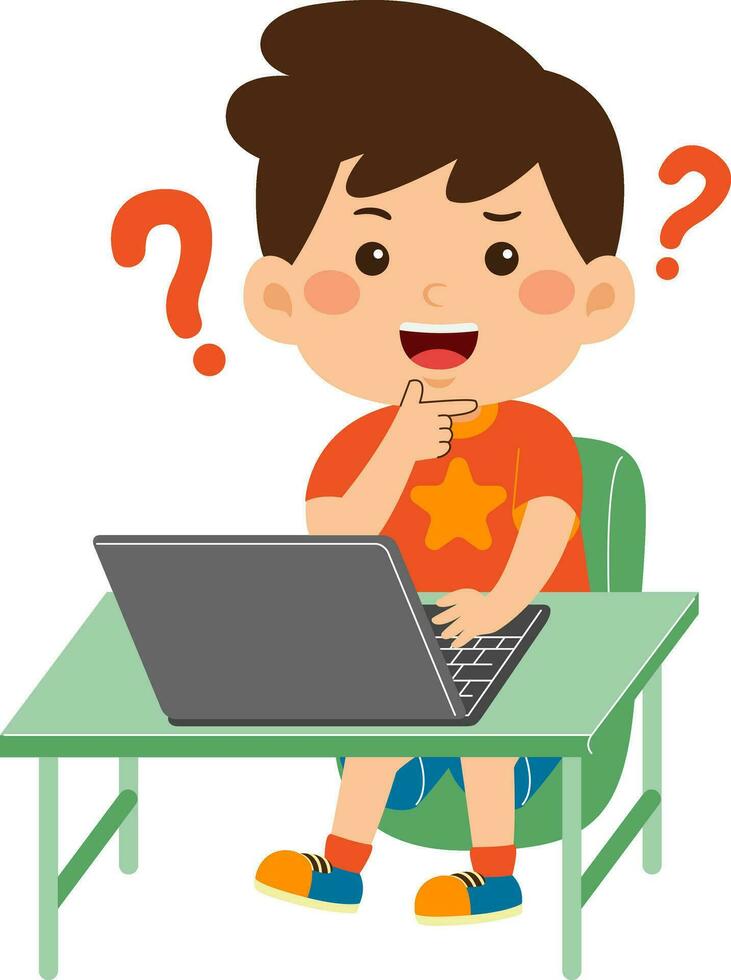 cute little kid boy use laptop vector