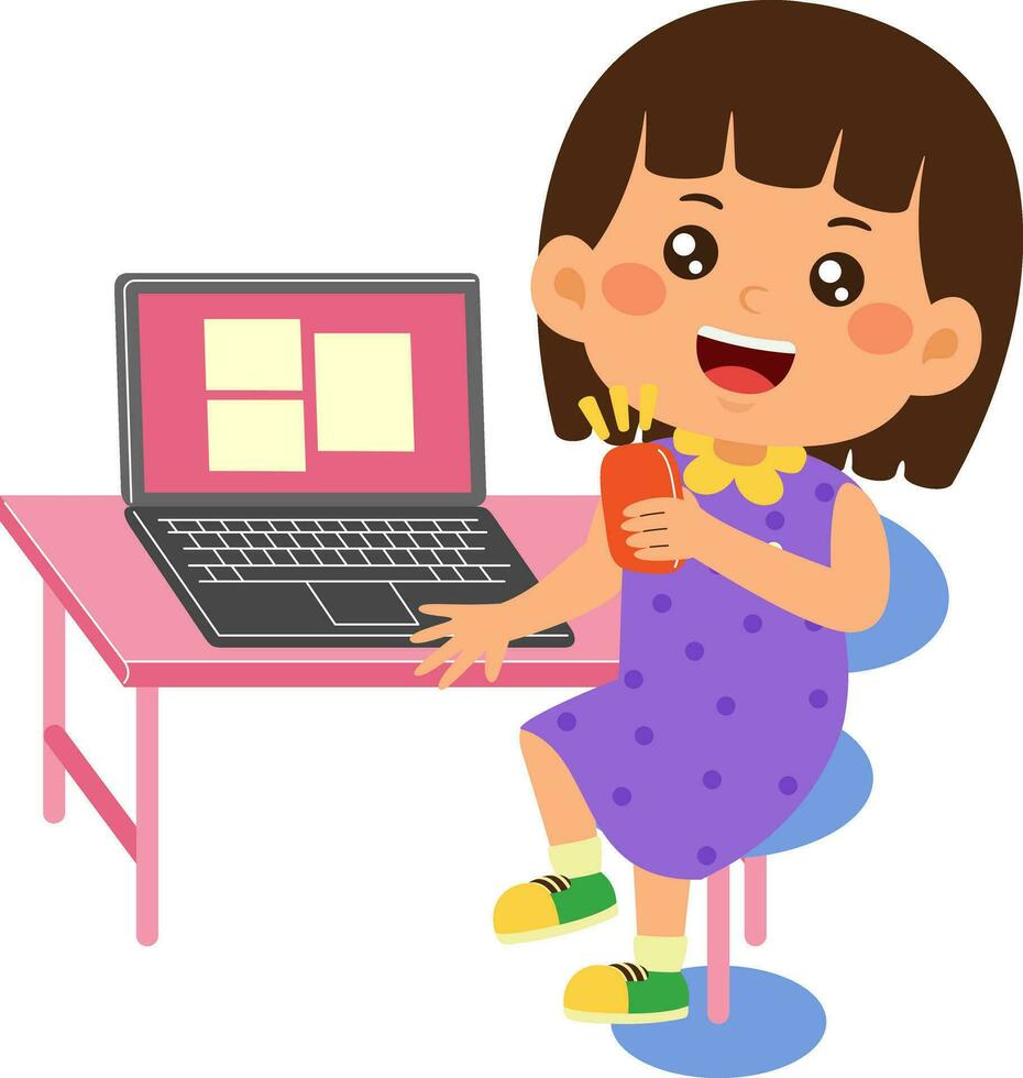 cute little kid girl use laptop vector