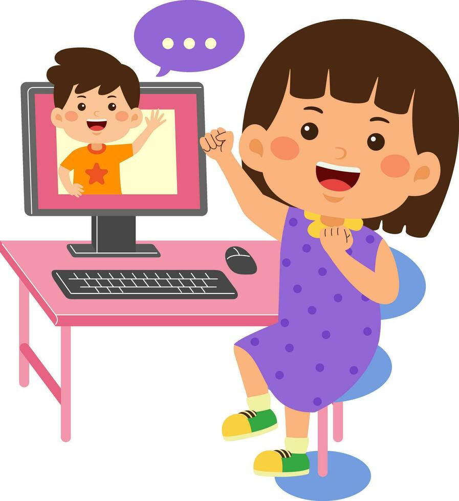 cute little kid girl use computer vector