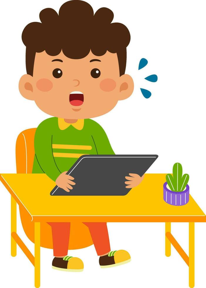 cute little kid boy use graphic tablet vector