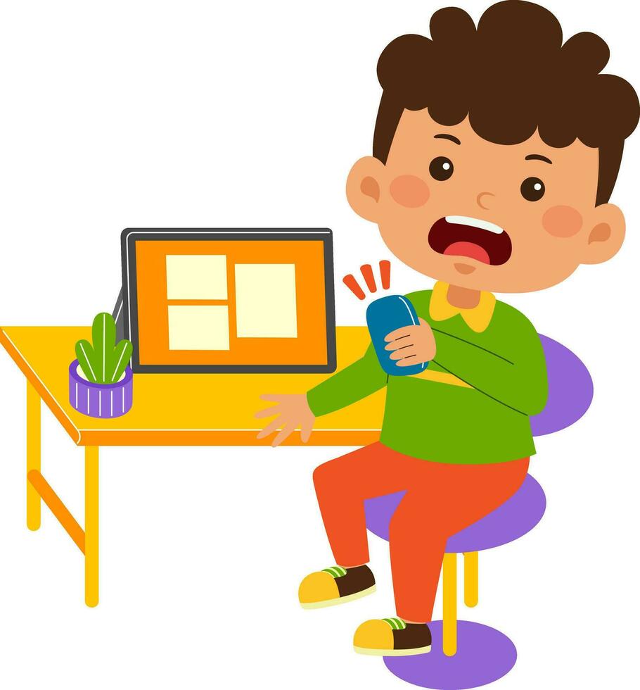 cute little kid boy use graphic tablet vector