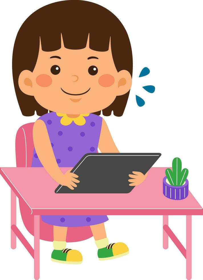 cute little kid girl use graphic tablet vector