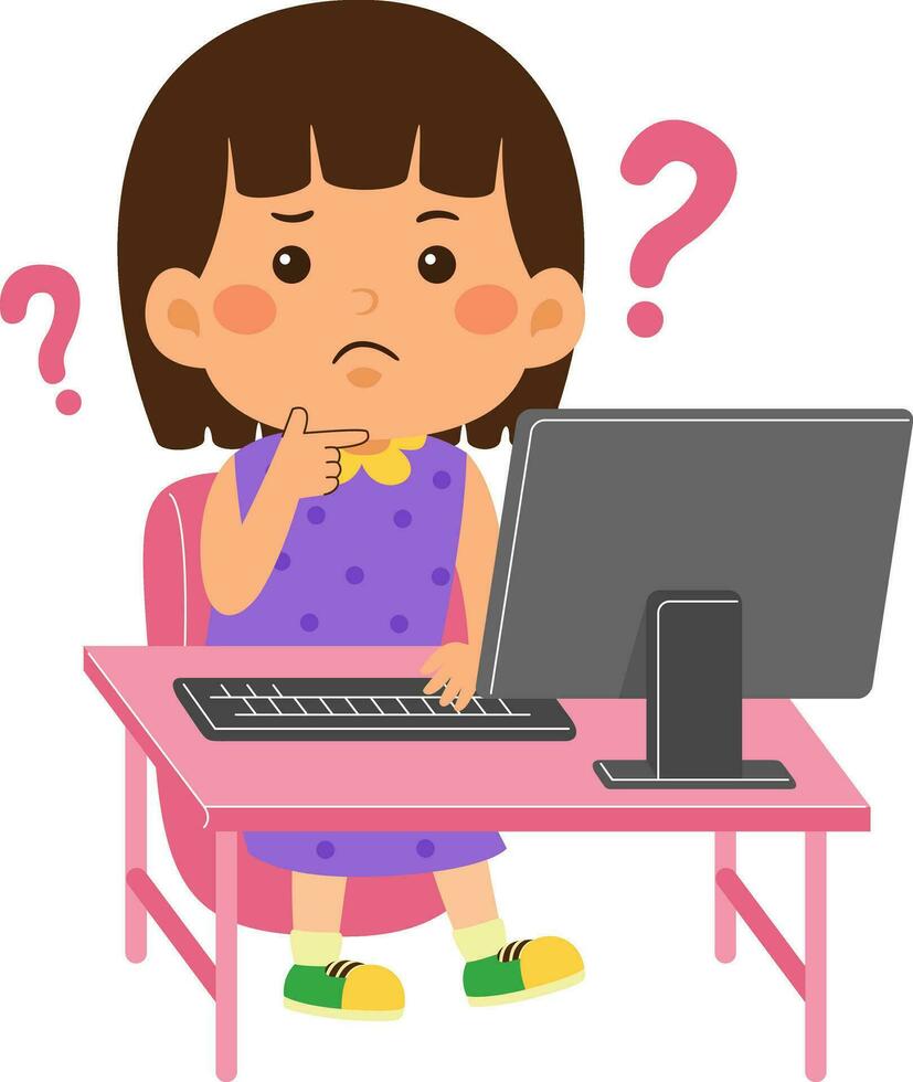 linda pequeño niño niña utilizar computadora vector