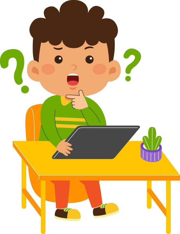 cute little kid boy use graphic tablet vector