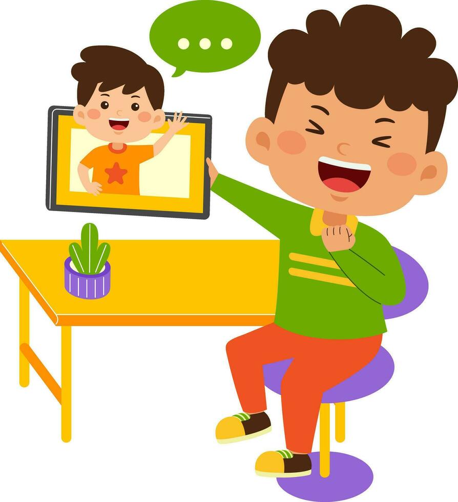 cute little kid boy use graphic tablet vector