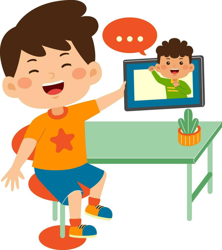 cute little kid boy use graphic tablet vector