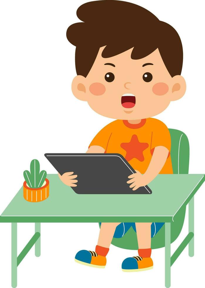 cute little kid boy use graphic tablet vector