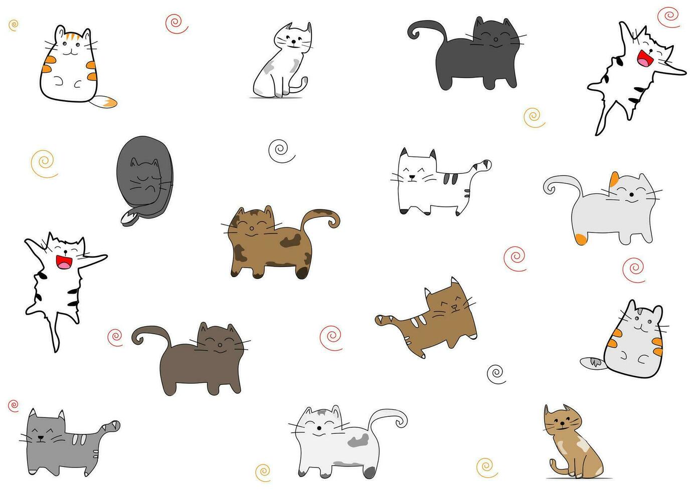 A cartoon drawing of several cats on a white background. vector