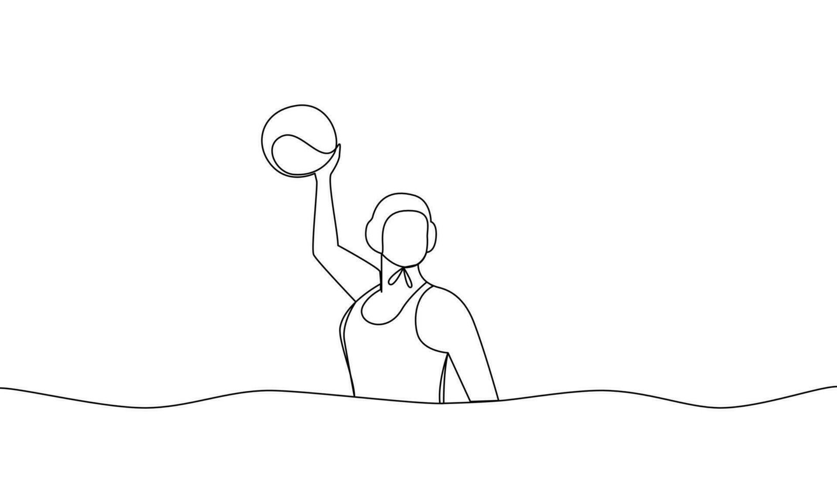 Single solid drawing of a woman athlete in the water with a ball. Water polo. One line vector illustration