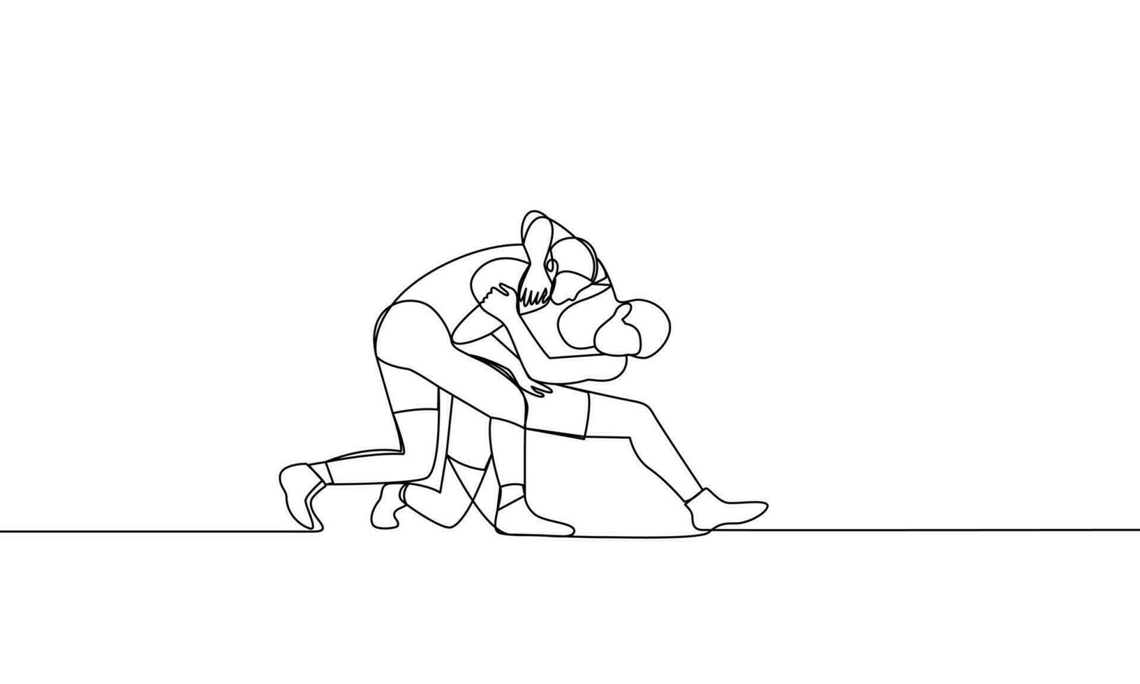 Single continuous drawing of two men fighting. Wrestling. One line drawing vector illustration