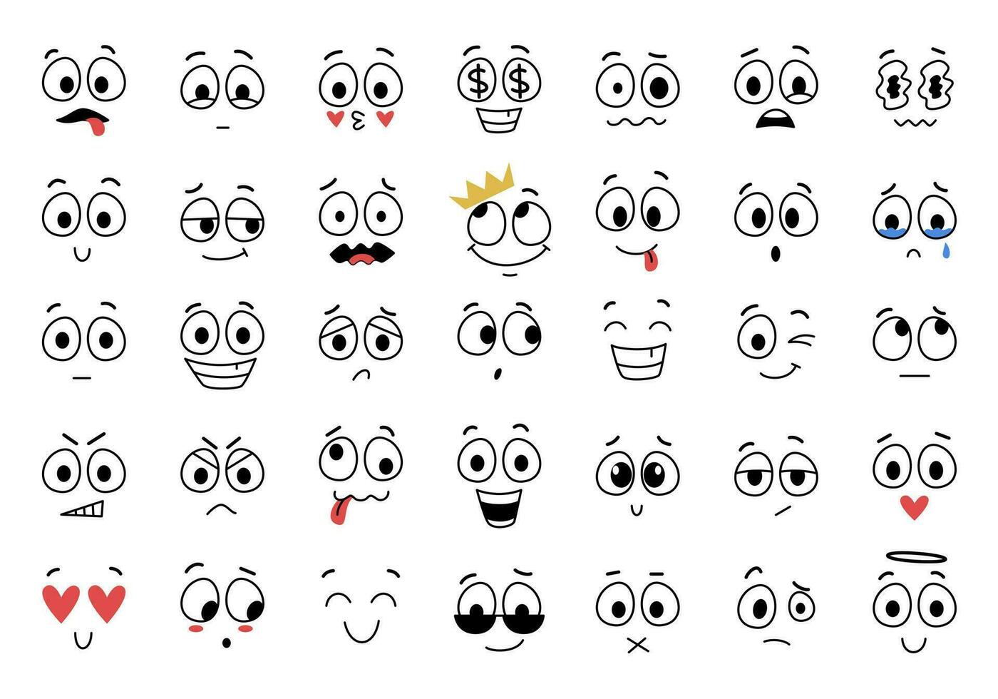 vector conjunto de dibujos animados caras. expresivo ojos y boca, llanto, sonriente y sorprendido facial expresiones de el personaje. dibujos animados cómic emociones o garabatear