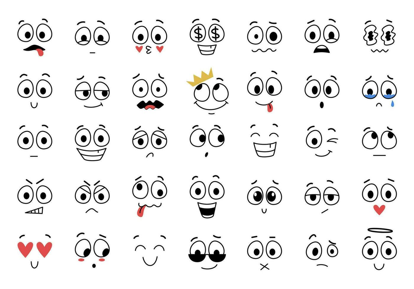 Vector set of cartoon faces. Expressive eyes and mouth, crying, smiling and surprised facial expressions of the character. Cartoon comic emotions or doodle