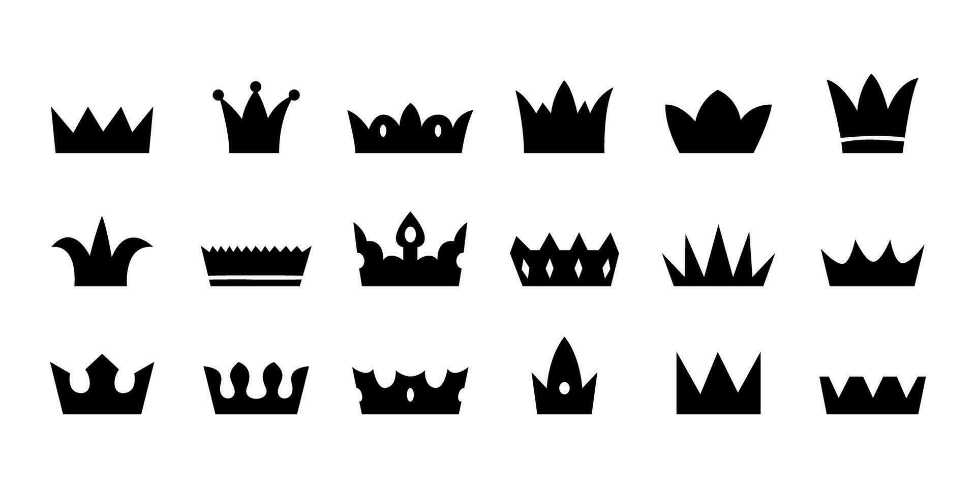 Set of black crown icons. Collection of simple crown silhouette. Vector illustration