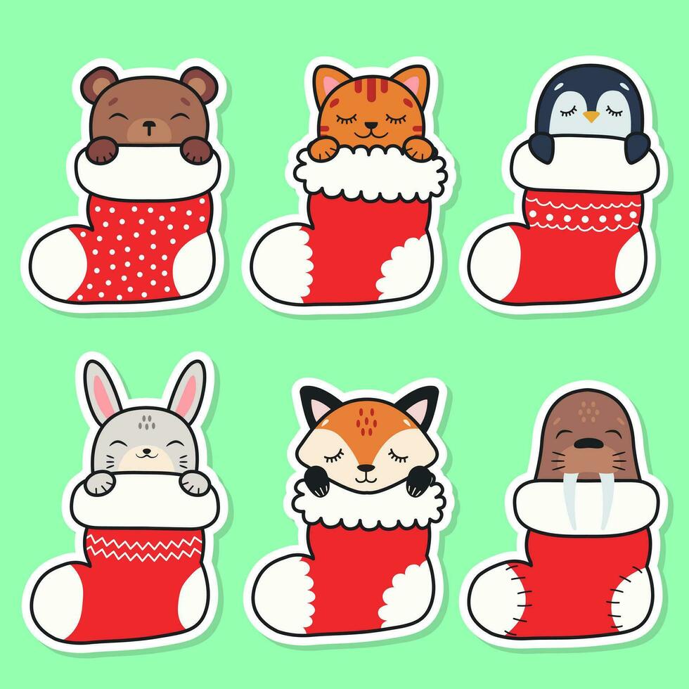 Set of Christmas stockings. Animals sleep in Christmas stockings. Christmas gift. Vector illustration