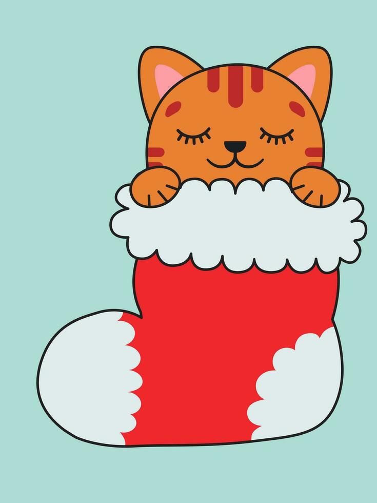 A ginger cat sleeps in a Christmas stocking. Christmas present. Christmas illustration. vector