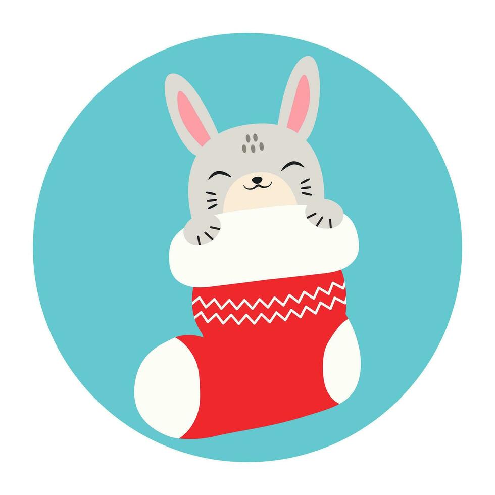 Cute hare sleeps in a Christmas stocking. Happy Holidays. Winter animal. Vector illustration.