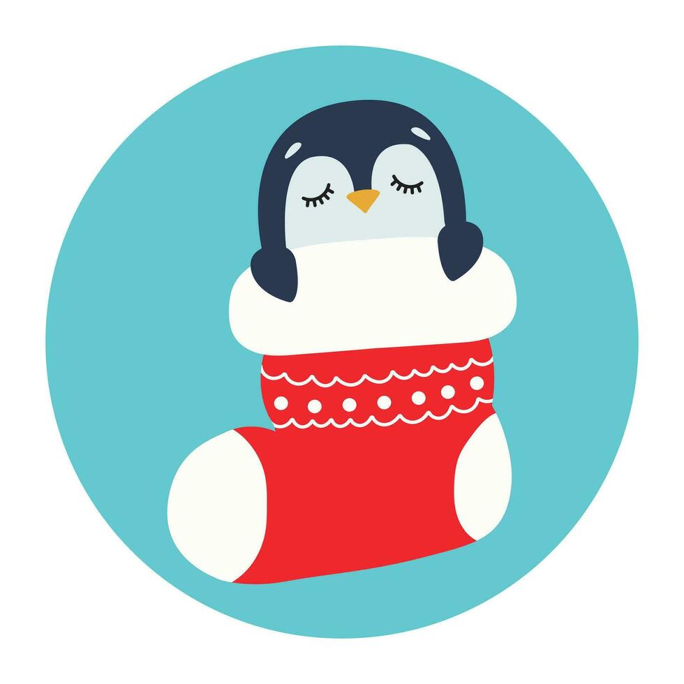 Cute penguin sleeps in a Christmas stocking. Happy Holidays. Winter animal. Vector illustration.