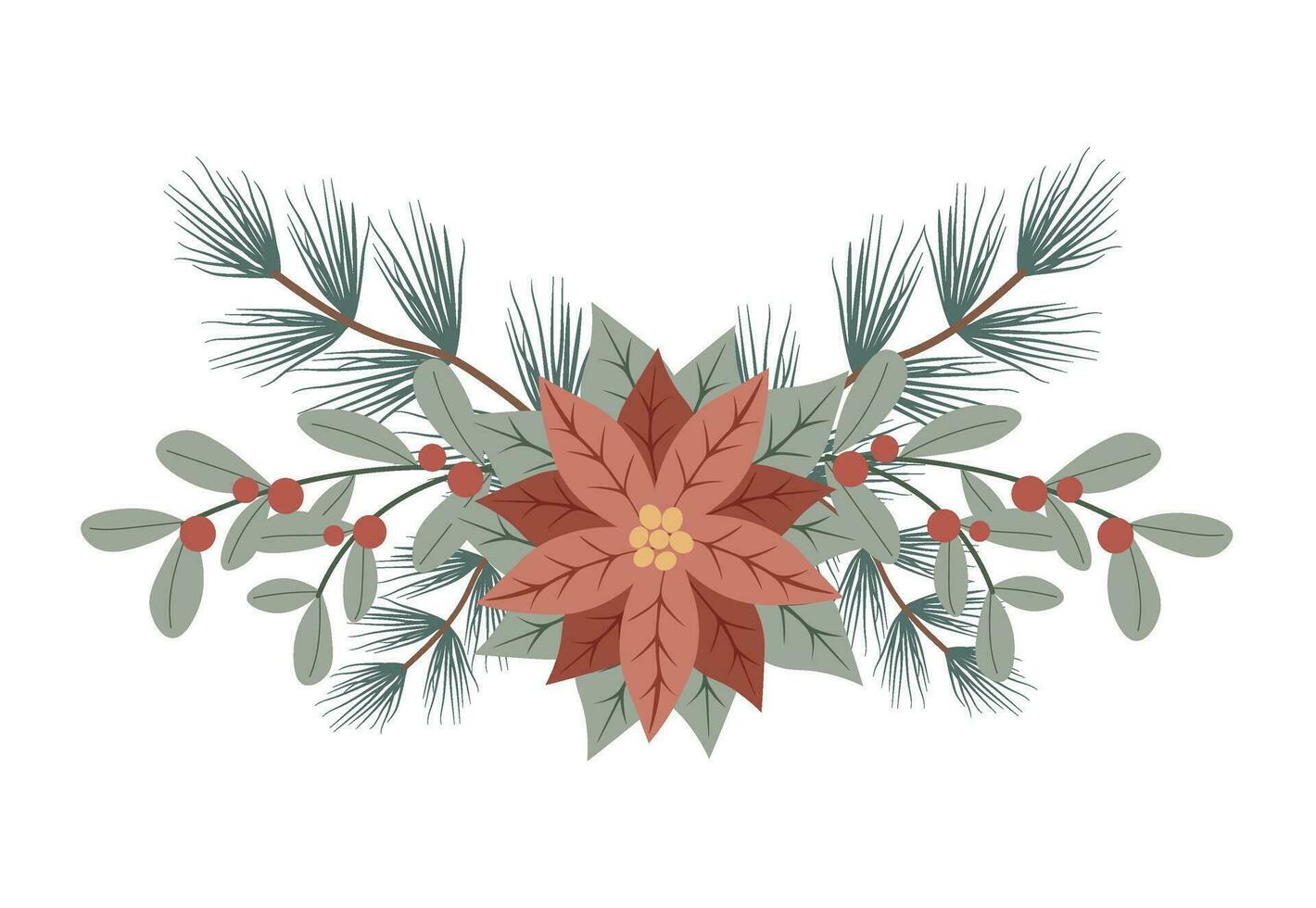 Winter Christmas floral composition with pancetta and red berries. Design for Holidays invitation card, poster, banner, greeting card, postcard vector