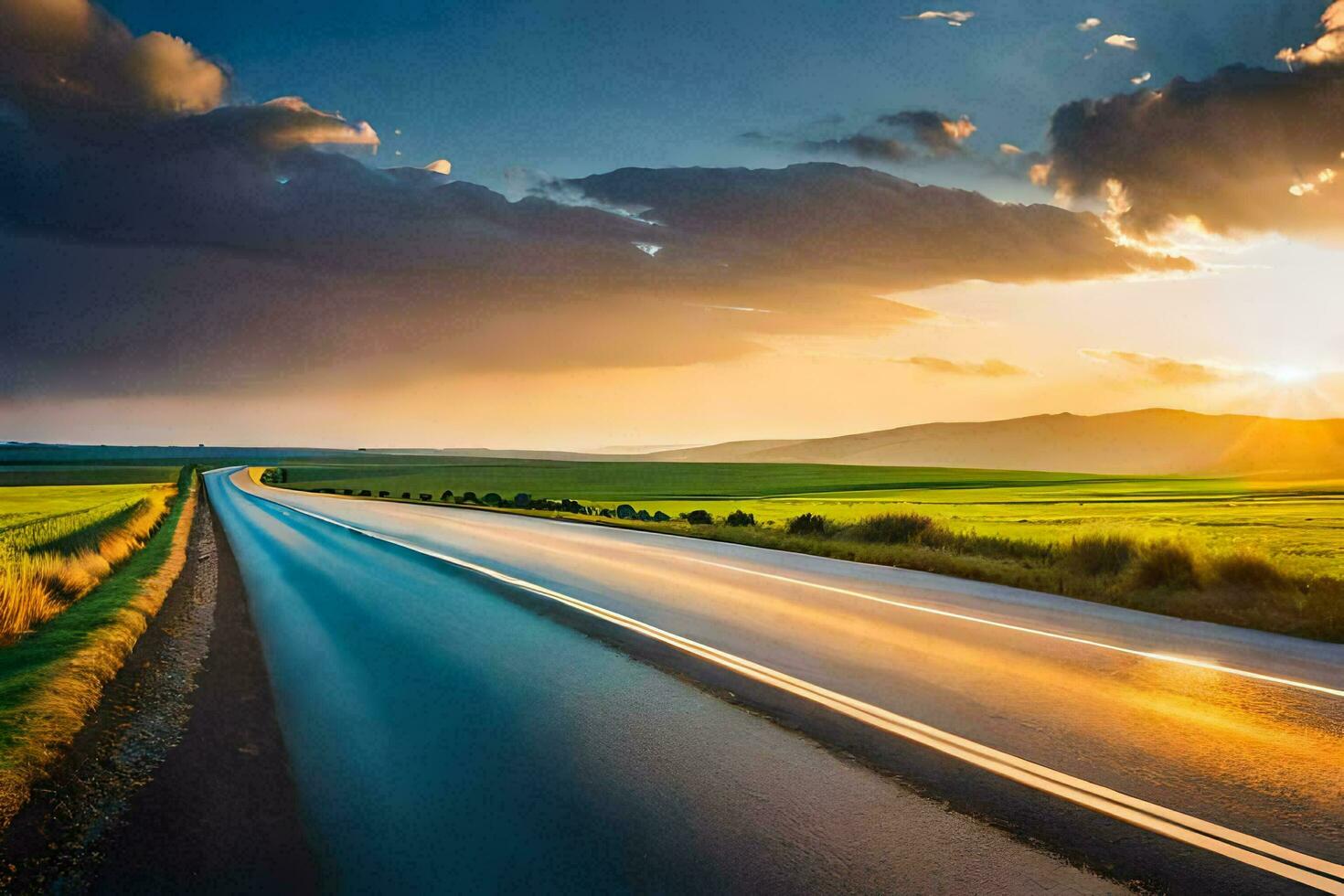 a long road with a sunset in the background. AI-Generated photo