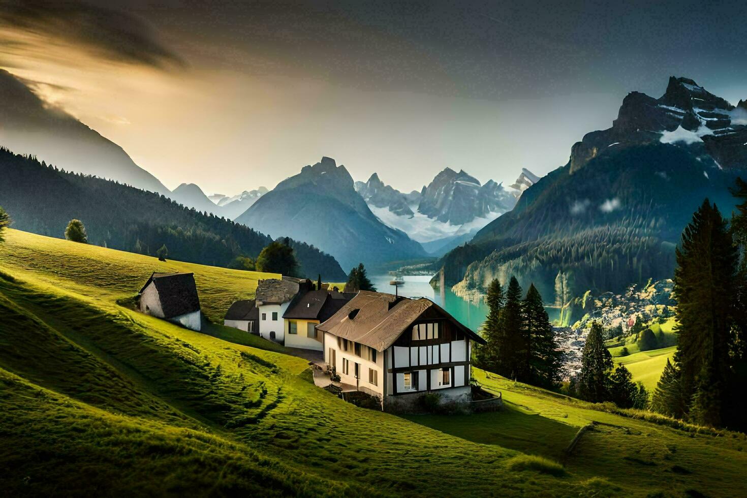 a house sits on a hill overlooking a valley. AI-Generated photo