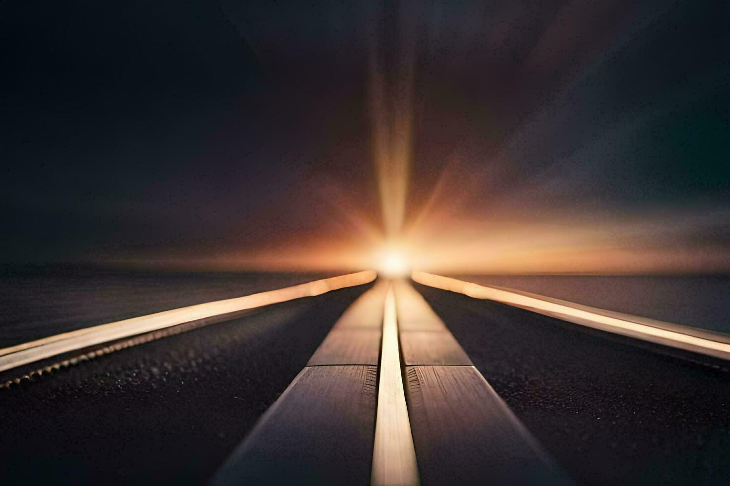 un largo exposición fotografía de un tren pista a puesta de sol. generado por ai foto