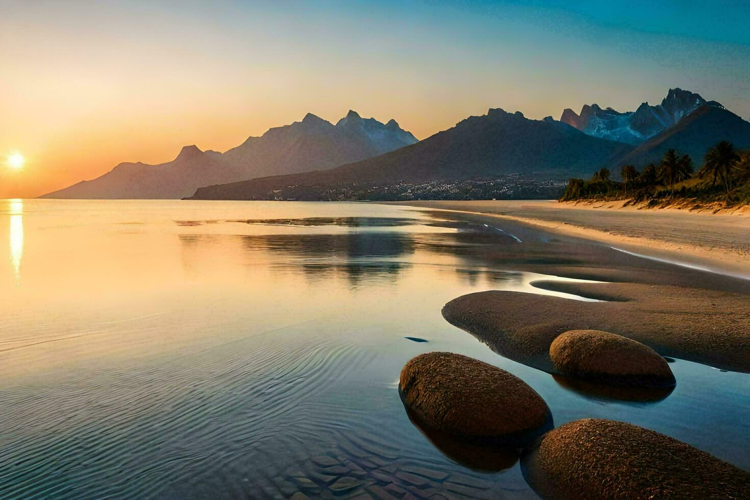 the sun sets over the mountains and beach. AI-Generated photo