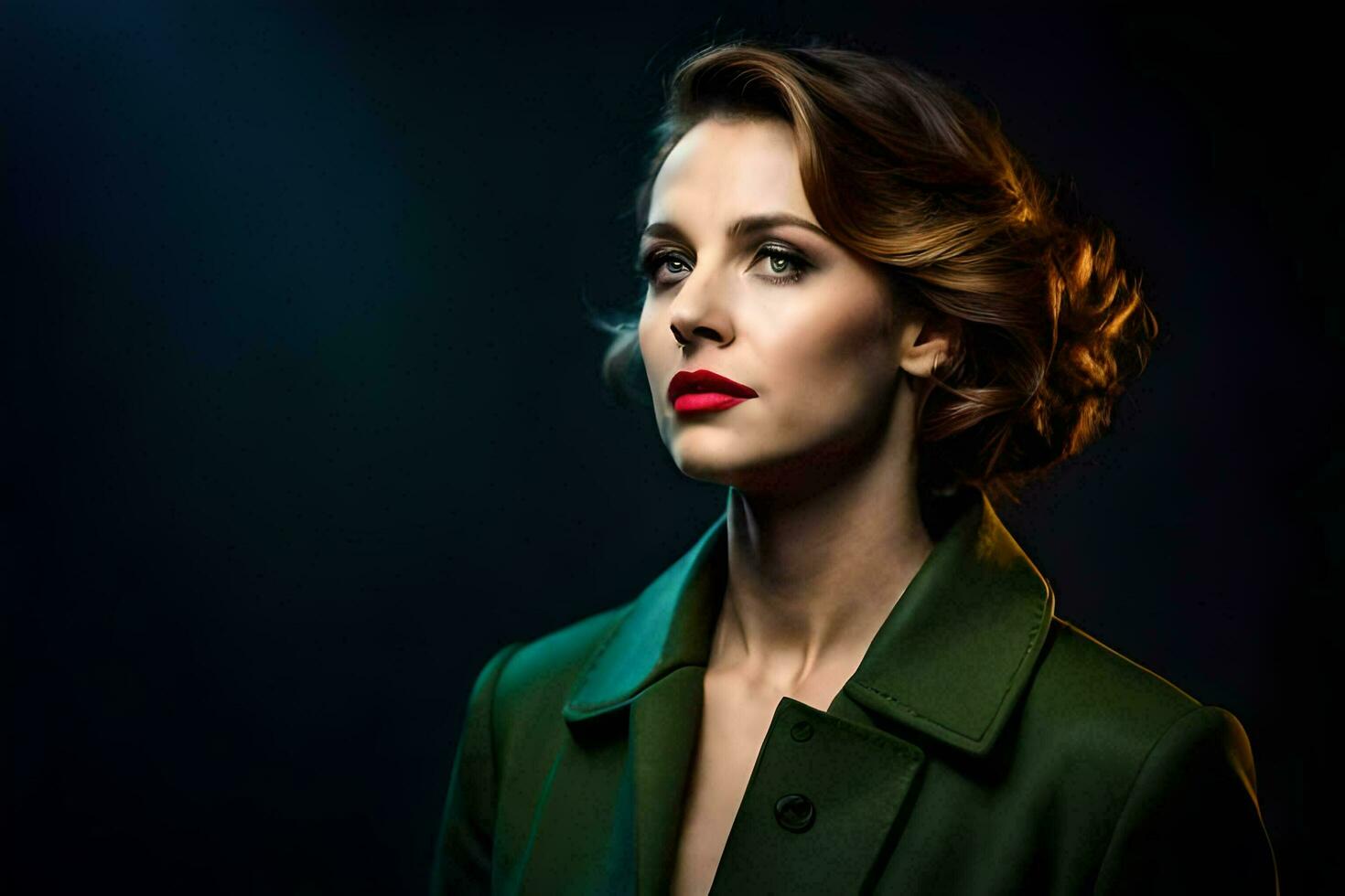 portrait of a beautiful woman in a green coat. AI-Generated photo