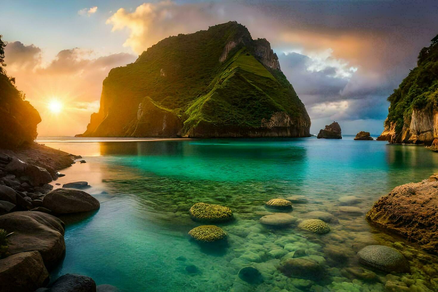 the sun sets over the ocean in the background. AI-Generated photo
