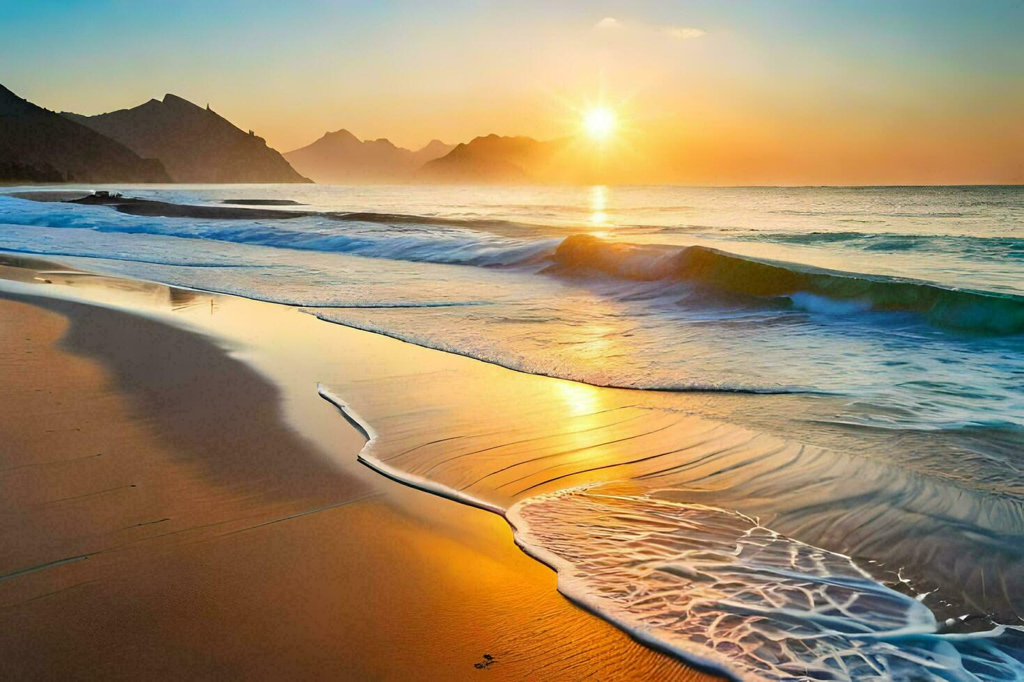 the sun rises over the ocean and the waves on the beach. AI-Generated photo