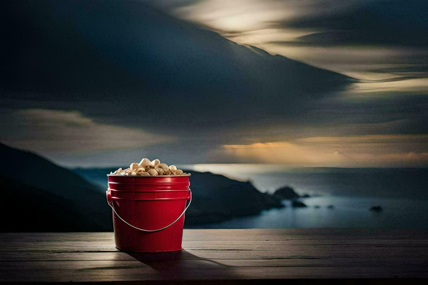 a bucket of popcorn on a table with a view of the ocean. AI-Generated photo
