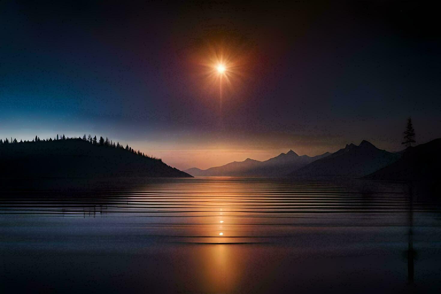 the sun is shining over a lake and mountains. AI-Generated photo