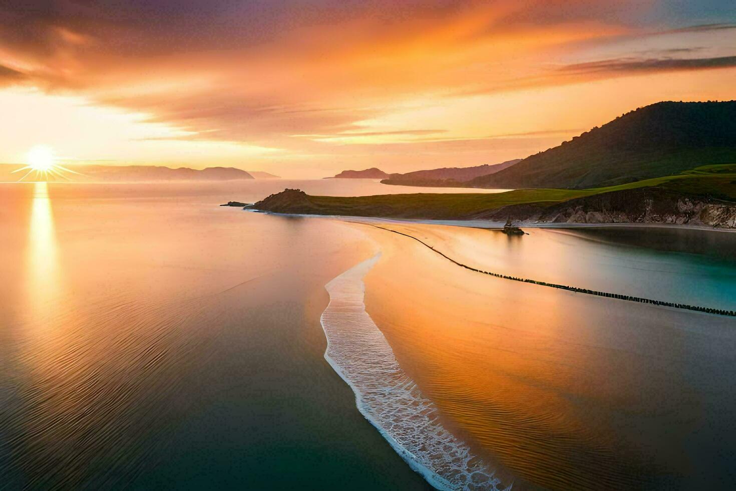 the sun sets over the ocean and a beach. AI-Generated photo