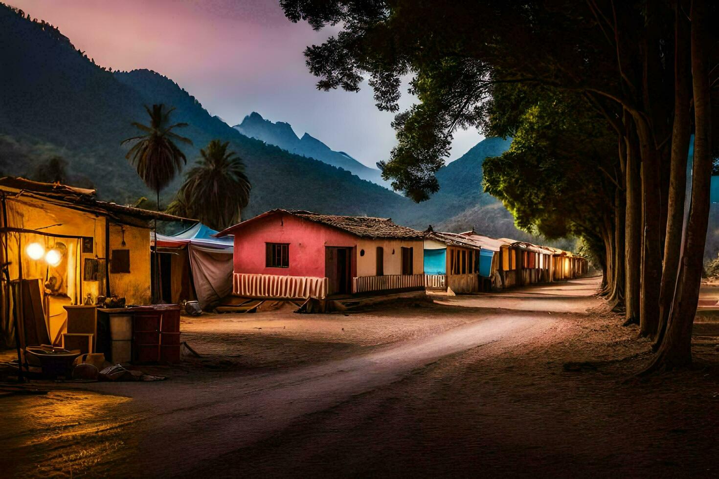 a village street at dusk with houses and trees. AI-Generated photo