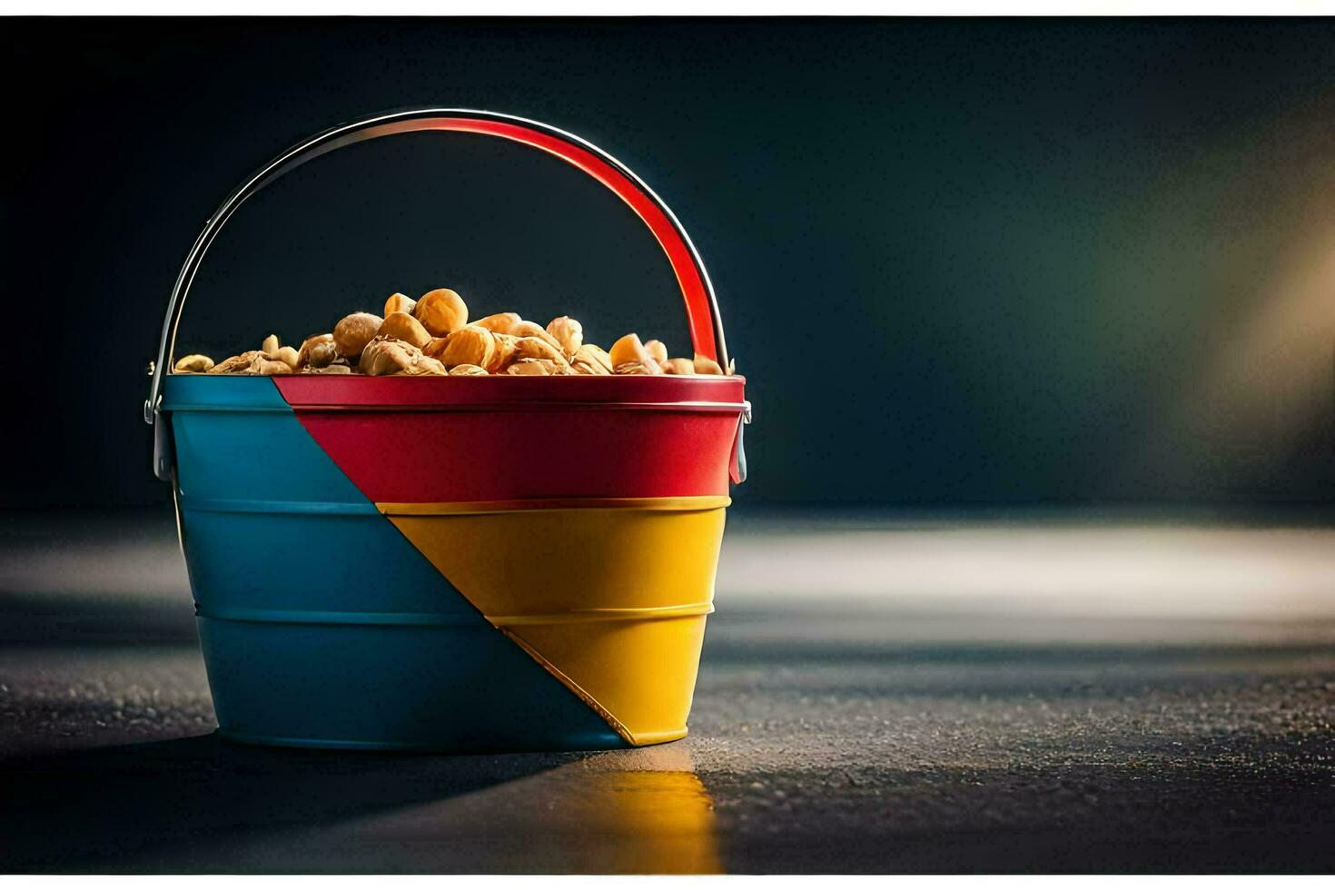 a bucket filled with peanuts on a dark background. AI-Generated photo