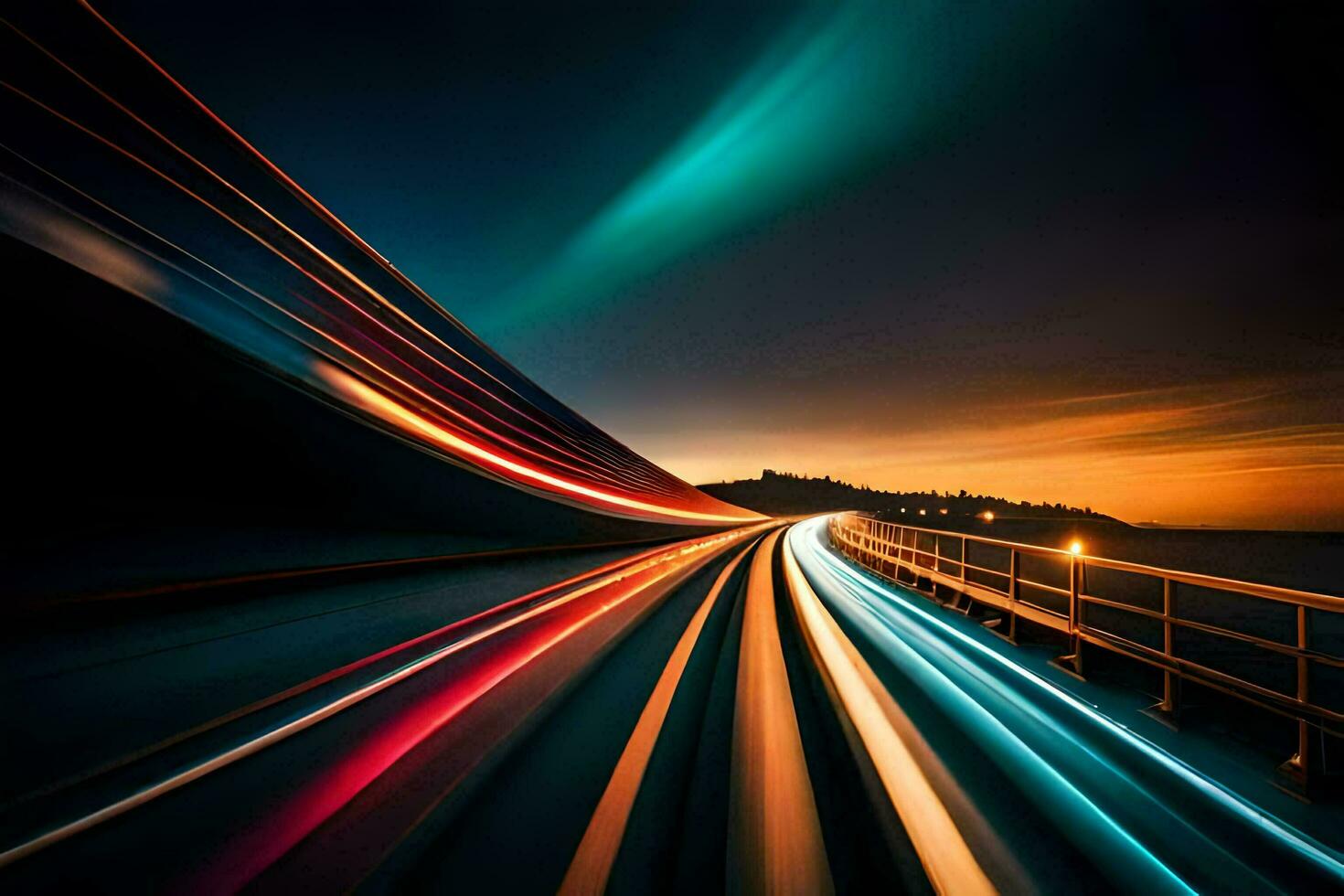 a long exposure photograph of a train passing over a bridge. AI-Generated photo