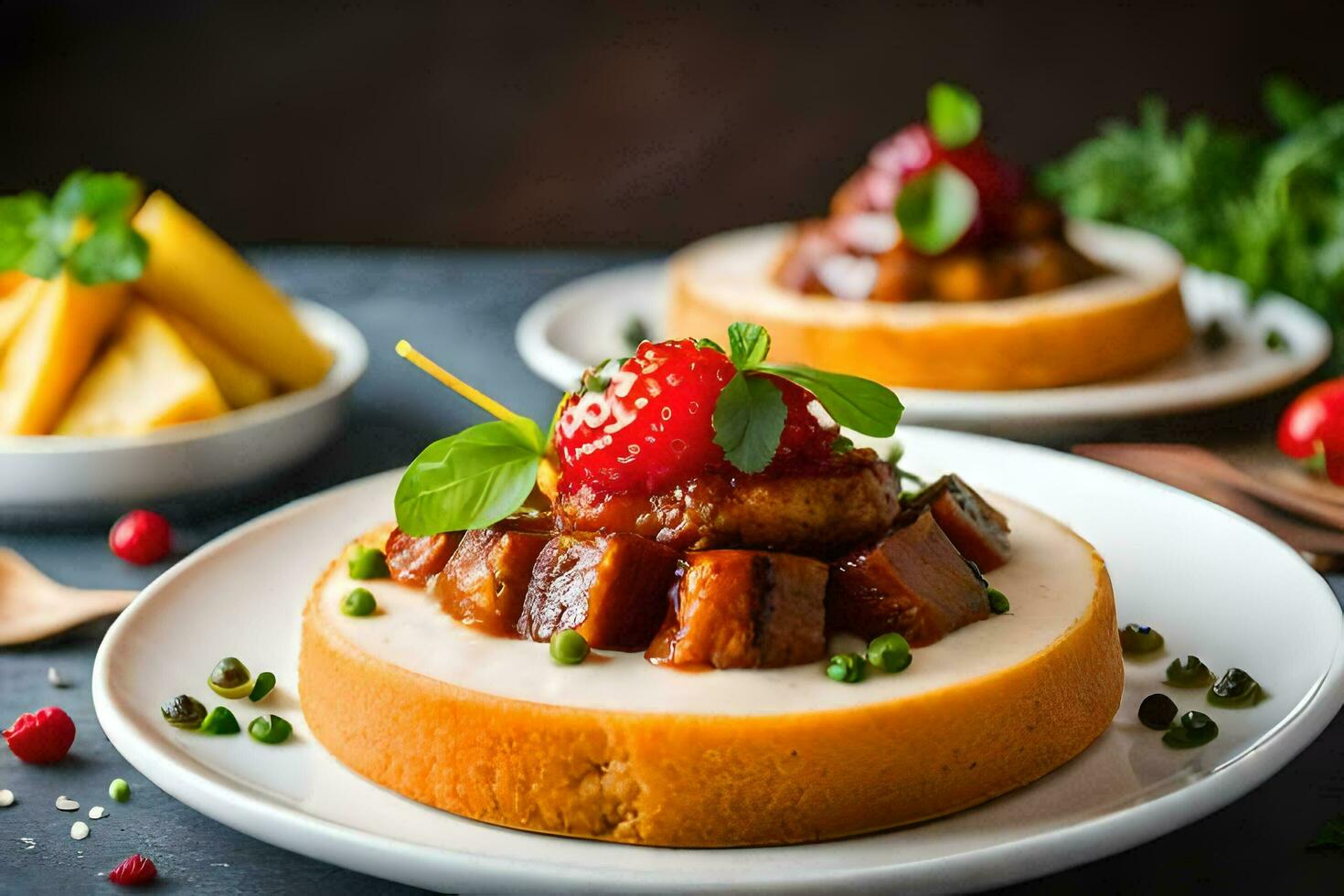 two plates with food on them, including a cake with strawberries. AI-Generated photo
