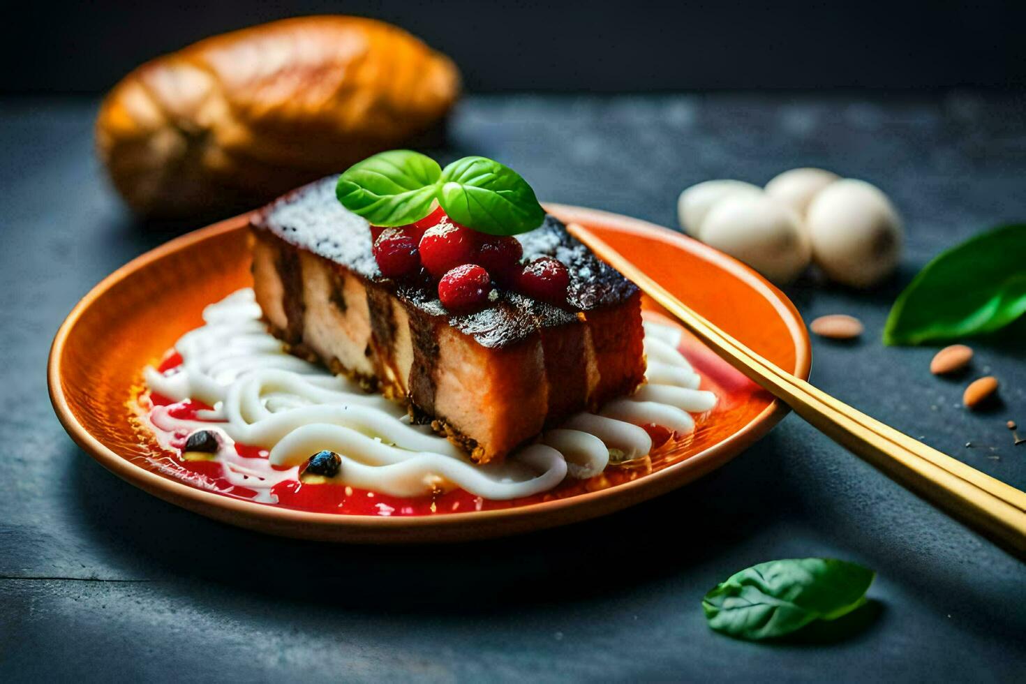 a plate with a piece of meat and noodles. AI-Generated photo