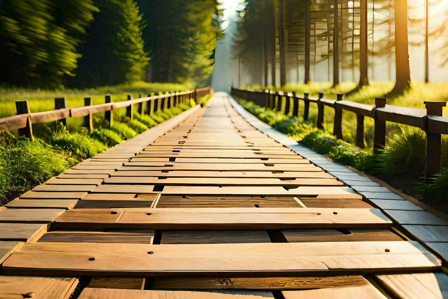 a wooden path in the forest with trees in the background. AI-Generated photo