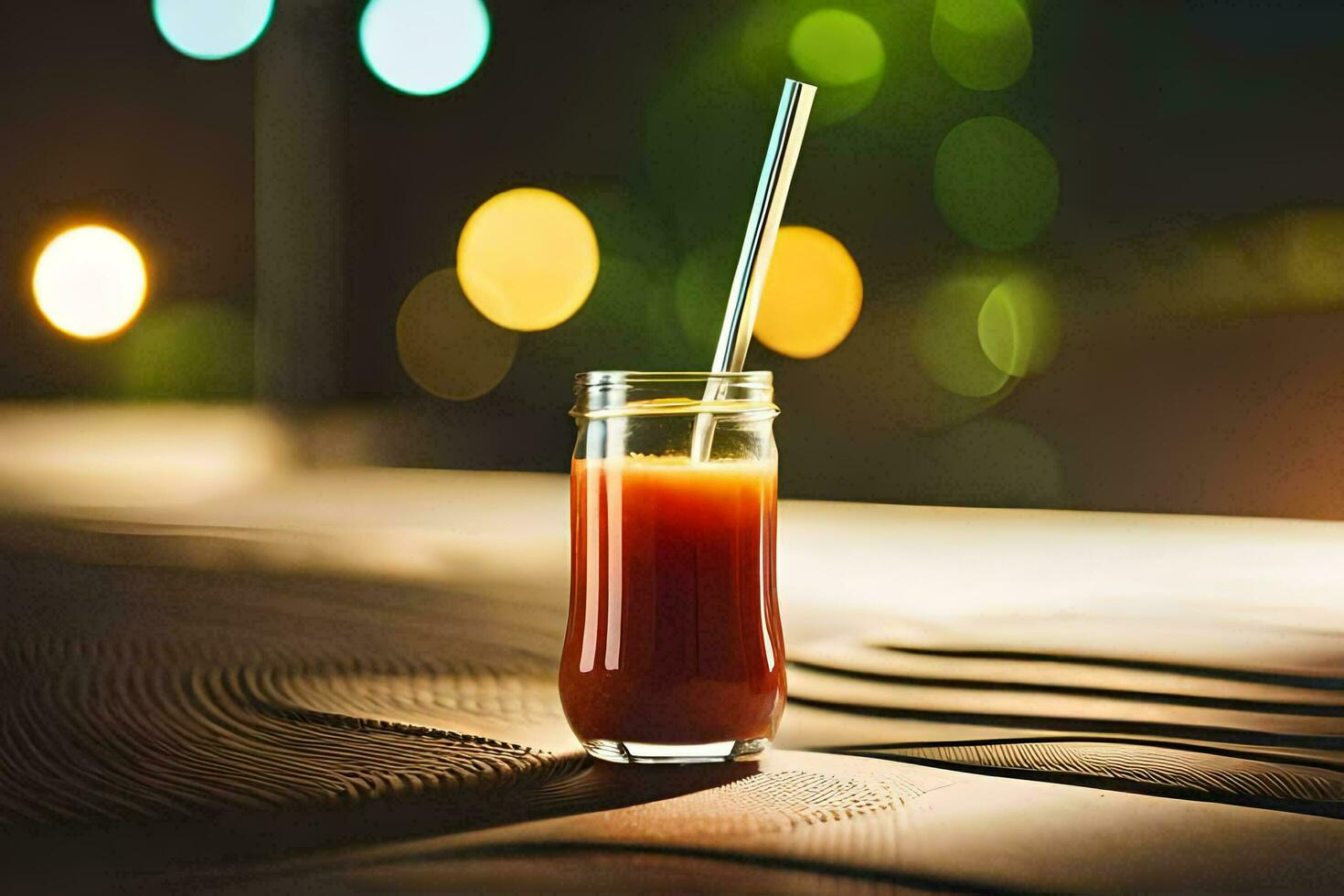 un vaso de jugo con un Paja sentado en un mesa. generado por ai foto