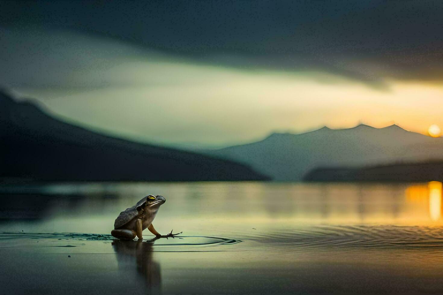 a frog sitting on the edge of a lake at sunset. AI-Generated photo