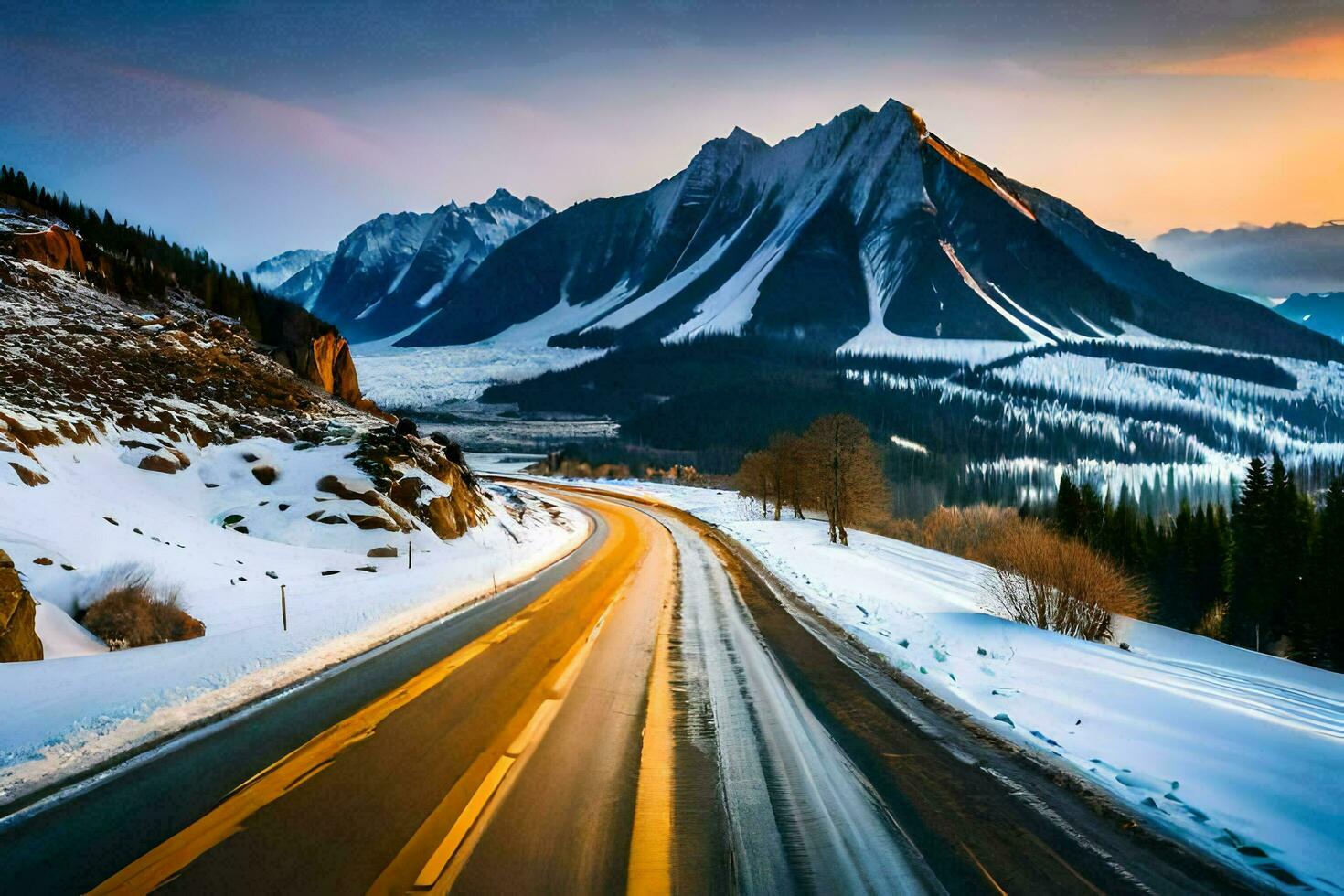 a road in the mountains with snow and mountains. AI-Generated photo
