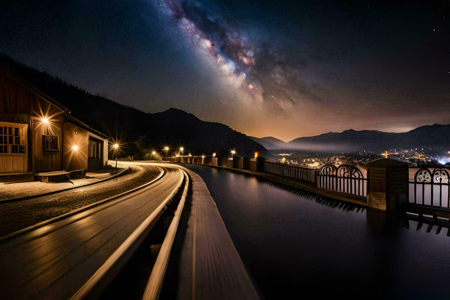 a train going through the night sky with the milky over the mountains. AI-Generated photo