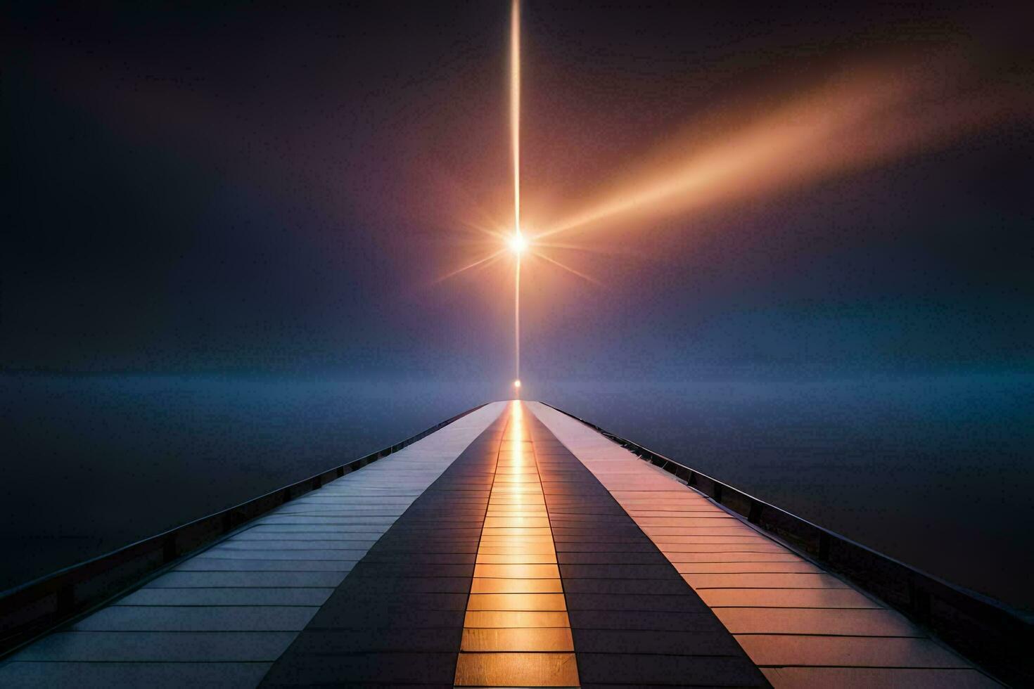 a long bridge with a light shining down on it. AI-Generated photo