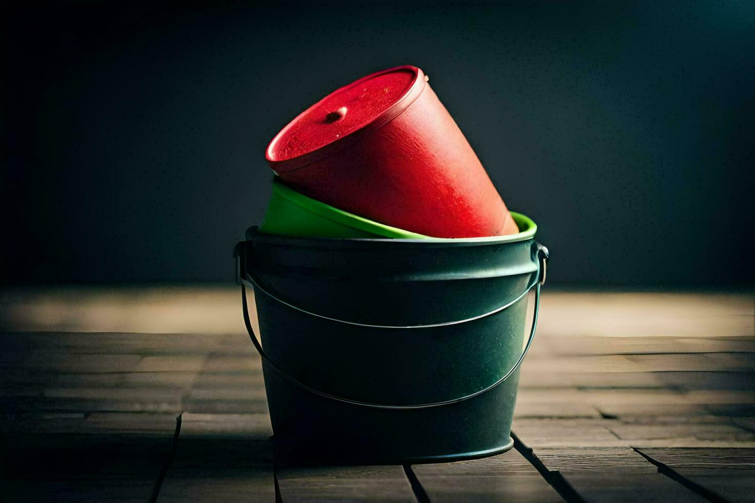 a red and green bucket sitting on top of a wooden table. AI-Generated photo