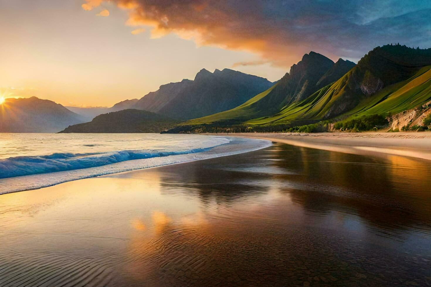 the sun sets over a beach and mountains. AI-Generated photo