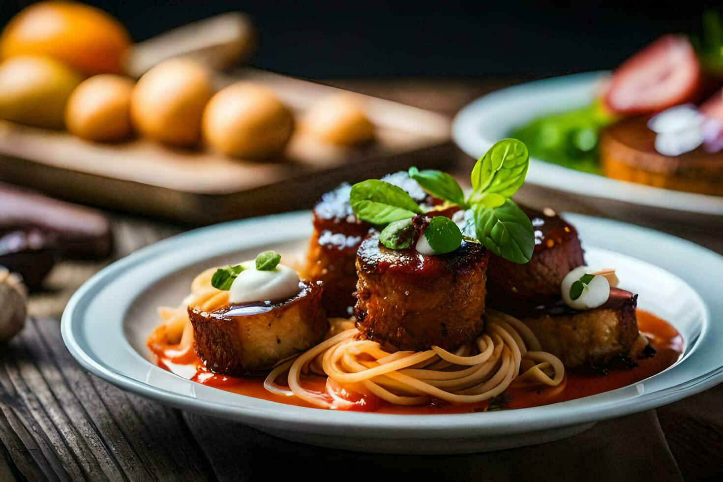 a plate of spaghetti and meatballs with sauce. AI-Generated photo