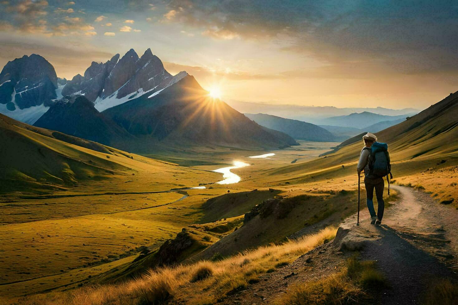 a man walks through the mountains at sunset. AI-Generated photo