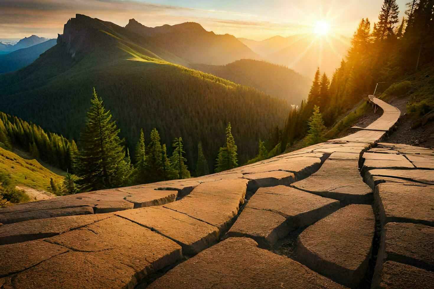a stone path leads to the mountains at sunset. AI-Generated photo